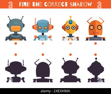 Modèle de jeu de cartes vectoriel Trouvez les ombres droites pour les jouets robots. Feuille de travail éducative avec androïdes et silhouettes pour les jeux de maternelle et scolaire Illustration de Vecteur