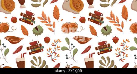 Motif sans couture sur le thème de l'automne présentant des éléments confortables tels que des livres, des tasses de boissons chaudes, des fournitures de tricot, et diverses feuilles d'automne et glands. Imprimé textile Fall Mood Illustration de Vecteur