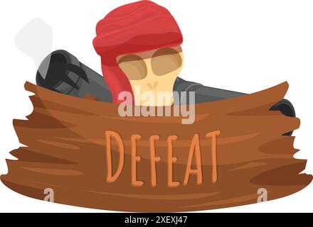 Pirate squelette tenant un signe de défaite en bois et fumant une arme Illustration de Vecteur