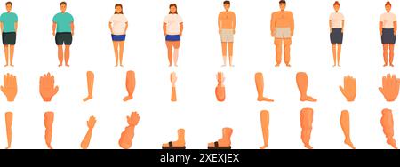 Jeu d'icônes œdème. Personnes debout montrant différentes parties du corps posant pour un examen médical Illustration de Vecteur