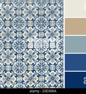 Élégant bleu et blanc et couleurs neutres motif de carreaux de porcelaine avec palette de couleurs complémentaires. Banque D'Images