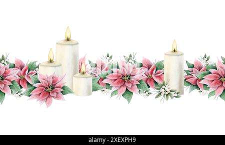 Bougies de Noël avec des fleurs de poinsettia et des bordures sans couture d'aquarelle de neige pour les cartes de voeux de vacances du nouvel an Banque D'Images