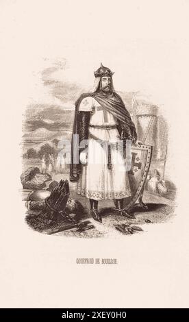 Gravure de Godefroid de Bouillon. Godfrey de Bouillon du XIXe siècle (1060 – 1100) était un noble français et l'un des leaders les plus éminents de la première croisade. Il fut le premier souverain du Royaume de Jérusalem de 1099 à 1100. Banque D'Images