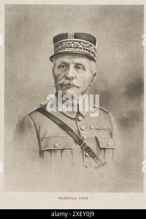 Portrait de Ferdinand Foch. Ferdinand Foch (1851 – 1929) est un général et théoricien militaire français qui a servi en tant que commandant suprême allié pendant la première Guerre mondiale. Commandant agressif et même imprudent lors des premières campagnes de la Marne, de la Flandre et de l'Artois de 1914 à 1916, Foch devient commandant en chef allié fin mars 1918 face à l'offensive de printemps allemande, qui repousse les Alliés en utilisant de nouveaux soldats et de nouvelles tactiques que les tranchées ne peuvent contenir. Il a coordonné avec succès les efforts français, britanniques et américains en un tout cohérent, gérant habilement les siens Banque D'Images