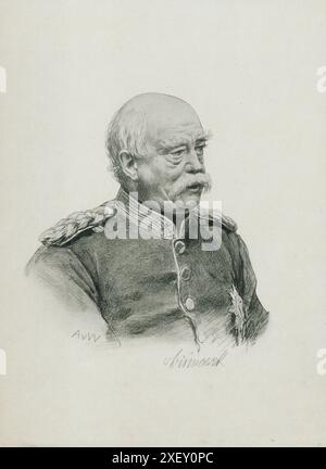 Portrait d'Otto von Bismarck. 1880 Otto, prince de Bismarck, comte de Bismarck-Schönhausen, duc de Lauenburg (1815-1898) était un homme d'État et diplomate allemand conservateur. De 1862 à 1890 - avec une brève interruption en 1873 - il fut premier ministre de Prusse, et de 1867 à 1871 il fut également chancelier de la Confédération de l'Allemagne du Nord. De 1871 à 1890, il fut le premier chancelier de l'Empire allemand, dont il avait grandement promu la fondation. Bismarck est considéré comme le finisseur de l'unification allemande et comme le fondateur de l'État-providence moderne. Banque D'Images