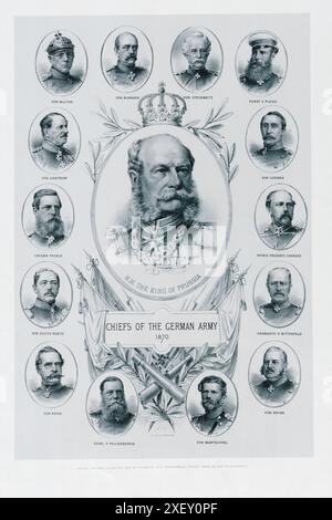 Gravure britannique vintage des chefs de l'armée allemande de 1870. 1870 Guillaume Ier roi de Prusse, von Moltke, von Bismark, von Steinmetz, Furst von Pless, von Zastrow, von Goeben, prince héritier, prince Frédéric Charles, von Voigts Rhetz, Herwarth von Bittenfeld, von Roon, Vogel von Falckenstein, von Manteuffel, von Beyer Banque D'Images