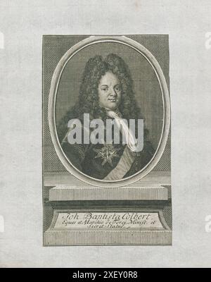 Gravure du portrait de Colbert de Torcy. 1746 Jean-Baptiste Colbert, marquis de Torcy (1665-1746), généralement appelé Colbert de Torcy, est un diplomate français, qui négocia certains des traités les plus importants vers la fin du règne de Louis XIV, notamment le traité (1700) qui occasionna la guerre de succession d'Espagne (1701-1714). dans laquelle Charles II d'Espagne mourant nomme le petit-fils de Louis XIV, Philippe, duc d'Anjou, héritier du trône espagnol, et fonde finalement la lignée des Bourbons espagnols. Banque D'Images