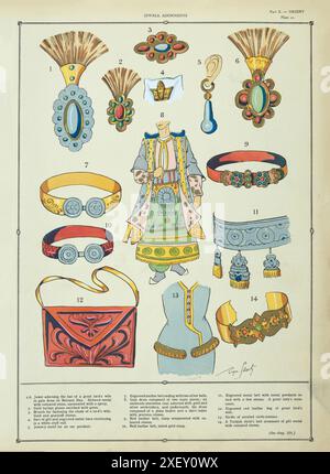 Illustration vintage de bijoux et adomments traditionnels turcs. 1926 1. Bijou ornant le chapeau de la femme d'un grand seigneur en robe de gala le jour de Beirami. 2. Panache de turban d'or enrichi de gemmes. 3. Broche pour attacher le manteau de la femme d'un seigneur. Or et pierres précieuses. 4. Sorte de tiare en métal doré et gravé continuant dans une coiffe blanche Stuff. 5. Motif de bijoux pour un pendentif d'oreille. 7. Ceinture en cuir gravée avec deux boules en argent. 8. Robe de gala composée de deux pièces principales. 9. Ceinture en cuir rouge. 10. Ceinture en cuir rouge, fermoir en or incrusté. 11. Ceinture métallique gravée. 12. Sac en cuir rouge gravé. 13. Ceinture Banque D'Images