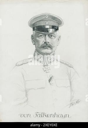 Portrait du général allemand Erich von Falkenhayn. 1915 le général Erich Georg Sebastian Anton von Falkenhayn (1861 – 1922) est le deuxième chef de l'état-major allemand de la première Guerre mondiale de septembre 1914 au 29 août 1916. Il est démis de ses fonctions le 29 août 1916 après l'échec de la bataille de Verdun, l'ouverture de la bataille de la somme, l'offensive Brusilov et l'entrée de la Roumanie dans la guerre du côté allié, qui a défait sa stratégie de mettre fin à la guerre avant 1917. Il reçoit ensuite d'importants commandements de terrain en Roumanie et en Syrie. Banque D'Images