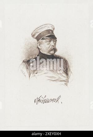 Portrait d'Otto von Bismarck. 1900 Otto, prince de Bismarck, comte de Bismarck-Schönhausen, duc de Lauenburg (1815-1898) était un homme d'État et diplomate allemand conservateur. De 1862 à 1890 - avec une brève interruption en 1873 - il fut premier ministre de Prusse, et de 1867 à 1871 il fut également chancelier de la Confédération de l'Allemagne du Nord. De 1871 à 1890, il fut le premier chancelier de l'Empire allemand, dont il avait grandement promu la fondation. Bismarck est considéré comme le finisseur de l'unification allemande et comme le fondateur de l'État-providence moderne. Banque D'Images