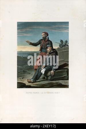 Lithographie française d'époque des prisonniers de guerre français pendant la guerre franco-prussienne: La France pauvre!La reverrons-nous ?1875 Banque D'Images