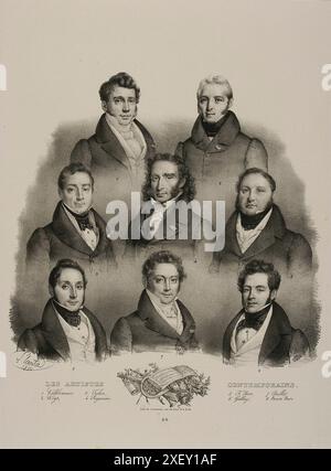 Lithographie vintage de musiciens et compositeurs célèbres du 19ème siècle (#6) : 1. Friedrich Kalkbrenner. 2. Wogt 3. Jean-Louis Tulou 4. Niccolò Paganini 5. Frédéric Berr 6. Jacques-François Gallay 7. Pierre Baillot 8. Henri Herz 1832, de Jacques-Francois Llanta (1807-1864) Banque D'Images