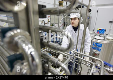 Chercheur pasteurisation du lait, usine pilote, AZTI-Tecnalia, Centre technologique pour la recherche marine et alimentaire, Derio, Biscaye, pays Basque, Espagne Banque D'Images