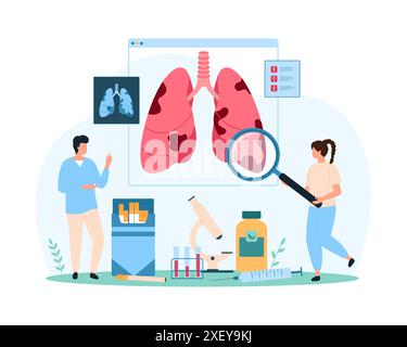 Sensibilisation aux dangers du tabagisme pour les poumons, campagne d'information. De minuscules personnes examinent le poumon des fumeurs sur le graphique d'anatomie médicale infographique, vérifier les dommages au tabac et l'illustration vectorielle de dessin animé de maladie Illustration de Vecteur