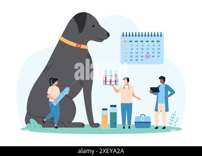 Vaccination des animaux de compagnie, visite en clinique vétérinaire professionnelle. Les gens minuscules vérifient la date de l'injection du vaccin sur le calendrier, l'infirmière tenant la seringue pour la vaccination de l'illustration vectorielle de dessin animé grand chien assis Illustration de Vecteur