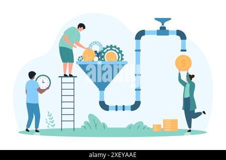 Gagnez de l'argent avec idée créative, monétisation de projet en ligne. De minuscules personnes monétisent le produit de contenu, convertissent les ampoules et les engrenages en pièces d'or en utilisant l'illustration vectorielle de dessin animé en entonnoir et en tuyau Illustration de Vecteur