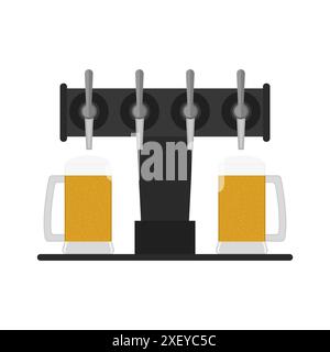 Pompe à bière, distributeur avec robinets et tasses à bière en verre plein. Clipart vectoriel. Illustration оn arrière-plan vierge. Illustration de Vecteur