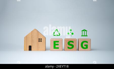 Un bloc de bois avec les lettres ESG dessus. Le bloc est placé sur un fond blanc, concept de durabilité et de responsabilité environnementale Banque D'Images