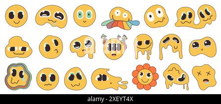 Emoji psychédélique groovy avec visages déformés. Collection drôle de smiley rétro fou d'expression faciale étrange, blobs liquides fondent, fleur et illustration vectorielle de dessin animé de décoration arc-en-ciel Illustration de Vecteur