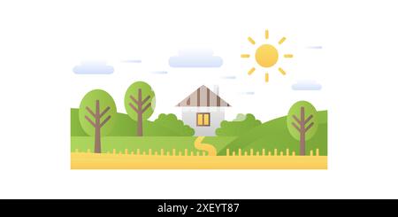 Paysage d'été de pays, route vers la maison des agriculteurs avec illustration vectorielle de jardin Illustration de Vecteur