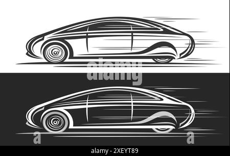 Logo vectoriel pour voiture électrique futuriste, bannières décoratives automobiles avec simple voiture d'illustration de contour du futur en mouvement, dessin au trait en cours d'exécution Mo Illustration de Vecteur