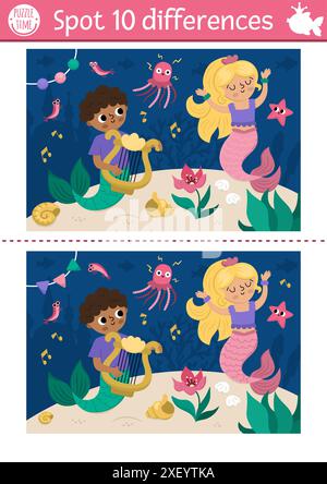Trouver le jeu des différences pour les enfants. Activité éducative de sirène avec princesse marine dansante, merman avec harpe. Puzzle mignon pour les enfants. Ciseau imprimable Illustration de Vecteur