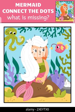 Sirène vectorielle point à point et activité de couleur avec princesse de mer, scène sous-marine colorée. Ocean Kingdom connecter le jeu de points pour les enfants. Marine WHA Illustration de Vecteur