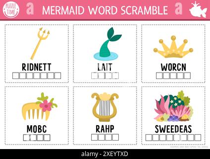 Page d'activité de sirène vectorielle avec des cartes de brouillage de mot. Jeu de langue anglaise avec queue de princesse de mer, trident, harpe pour les enfants. Quiz familial Ocean Kingdom Illustration de Vecteur
