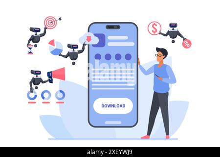 Assistance numérique AI assistant, productivité de l'entreprise avec chatbot en ligne. Petit client travaillant dans l'application mobile avec une interaction efficace et l'aide automatisée de l'illustration vectorielle de dessin animé de l'équipe de robots Illustration de Vecteur