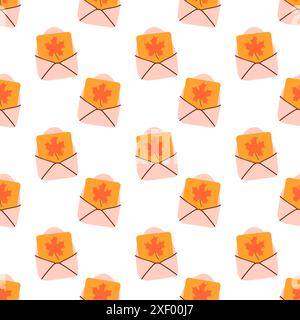 Motif sans couture. Enveloppe avec feuille d'érable. Fond d'automne. Automne confortable. Illustration vectorielle plate. Illustration de Vecteur