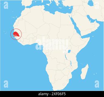 Localisateur carte montrant l'emplacement du pays Sénégal en Afrique. Le pays est mis en évidence par un polygone rouge. Les petits pays sont également marqués avec Illustration de Vecteur