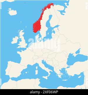 Carte de localisation montrant l'emplacement du pays Norvège en Europe. Le pays est mis en évidence par un polygone rouge. Les petits pays sont également marqués avec Illustration de Vecteur