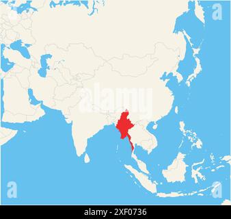 Carte de localisation montrant l'emplacement du pays Myanmar en Asie. Le pays est mis en évidence par un polygone rouge. Les petits pays sont également marqués d'un Illustration de Vecteur