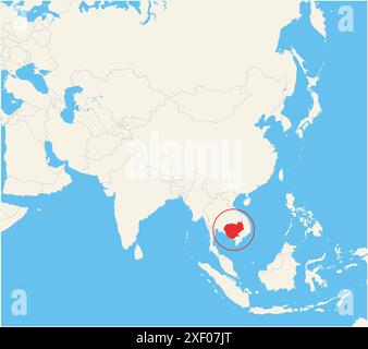 Carte de localisation montrant l'emplacement du pays Cambodge en Asie. Le pays est mis en évidence par un polygone rouge. Les petits pays sont également marqués avec Illustration de Vecteur