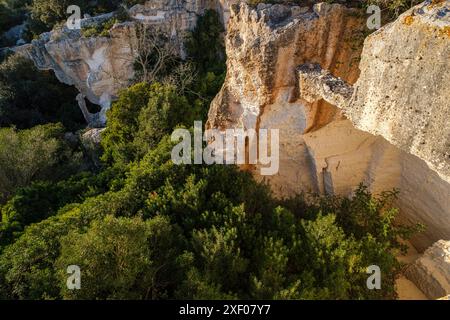 Ancienne carrière de grès, sa Mola, Felanitx, Majorque, Iles Baléares, Espagne. Banque D'Images