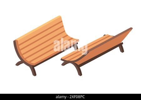 Ensemble de deux bancs en bois isométriques vue avant et arrière illustration vectorielle isolée sur fond blanc. Illustration de Vecteur