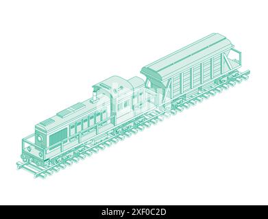 Locomotive isométrique avec wagon-trémie. Illustration vectorielle. Chemin de fer. Objet isolé sur fond blanc. Transport industriel. Fret diesel. Illustration de Vecteur