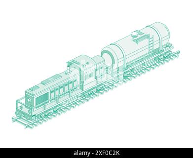 Locomotive isométrique avec wagon-citerne ferroviaire. Illustration vectorielle. Chemin de fer. Objet isolé sur fond blanc. Transport industriel. Illustration de Vecteur