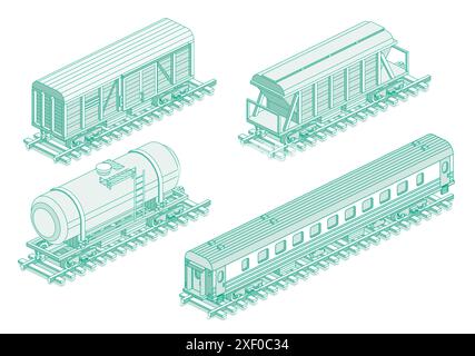 Chemin de fer isométrique de marchandises, wagon-trémie, wagon-citerne et wagon de voyageurs. Objet isolé sur fond blanc. Chemin de fer. Illustration de Vecteur