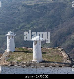 Cheminées en pierre blanche avec une pierre d'ardoise sur le dessus, typiques des maisons dans les villages de la Alpujarra (Grenade, Espagne) Banque D'Images