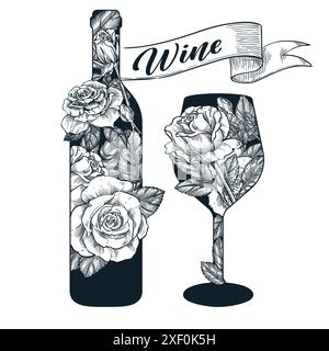 Bouteille de vin et verre avec arrangement de fleurs de roses. Illustration d'esquisse dessinée à la main vectorielle isolée sur fond blanc. Étiquette de magasin vinicole, affiche, p Illustration de Vecteur