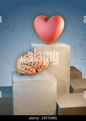 Cerveau et coeur sur deux piliers de pierre. Donner la priorité à la passion sur la logique. Illustration numérique, rendu 3D. Banque D'Images