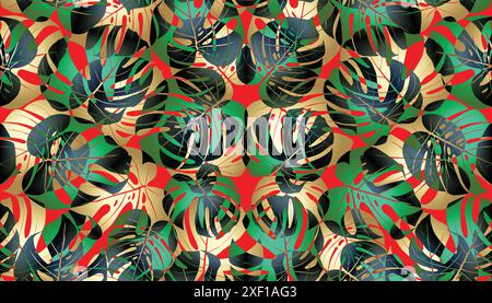 Le palmier Monstera laisse un imprimé exotique tropical sans couture. Feuilles de palmier, fleur de plumeria rose, fleur d'hibiscus, fleurs tropicales exotiques d'été et feuilles. Illustration de Vecteur