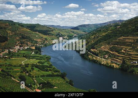 Vue aérienne du fleuve Douro serpentant à travers la vallée, Portugal. Banque D'Images