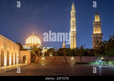 Le dôme de la Grande Mosquée du sultan Qaboos et le minaret brillent la nuit, Muscat. Oman Banque D'Images