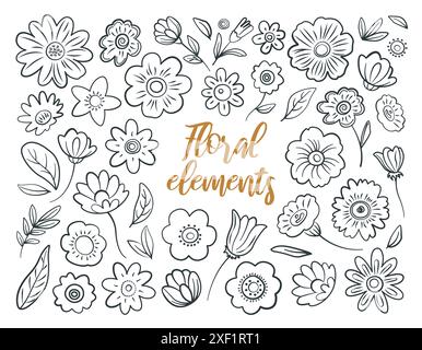 Ensemble d'éléments de motif fleuri au trait. Illustration de Vecteur