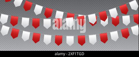Drapeaux de banderole, drapeaux de fête de carnaval, fanions de fête blancs et rouges suspendus à une corde. Illustration de Vecteur