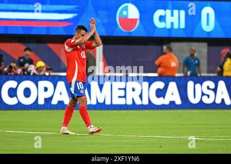 25 juin 2024 : Hard Rock Stadium, Miami, Floride, États-Unis ; tournoi international de football Copa America, Chili contre Argentine : Alexis SáNchez du Chili Banque D'Images