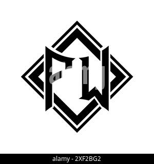 Logo de lettre FW avec forme de bouclier abstraite avec contour noir carré sur fond blanc modèle design Banque D'Images