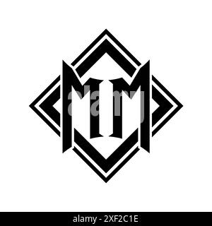 Logo de lettre MM avec forme de bouclier abstraite avec contour noir carré sur fond blanc modèle design Banque D'Images